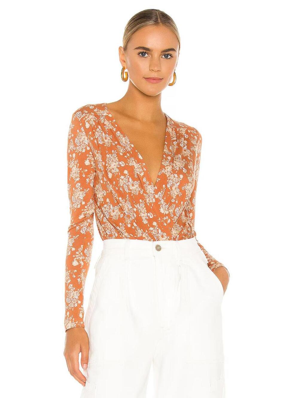 Intimately Free People Bodysuit XS Printed Turnt Floral Burnt Orange Wrap Top